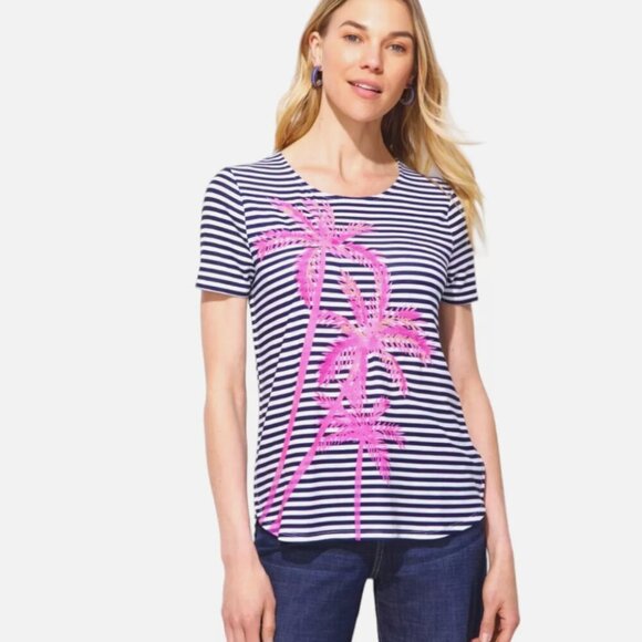 Chico's Zenergy Pink Palm Tree Striped Top Size 2 / L Vacation Preppy Resortwear - Picture 1 of 7